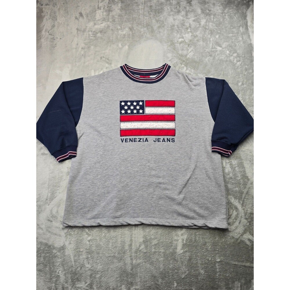 Vtg 90s Venezia Jeans Sweatshirt Womens 18/20 USA Flag Graphic Colorblock Crew